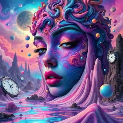 The primary subject of the image is a woman with a colorful, swirly hairdo, wearing a pink dress. She is surrounded by a vibrant and surreal environment, which includes a clock, a moon, and various other elements. The setting appears to be a fantastical, artistic world, possibly a digital art or illustration. The colors and mood of the image are predominantly pink and purple, creating a whimsical and dreamy atmosphere.